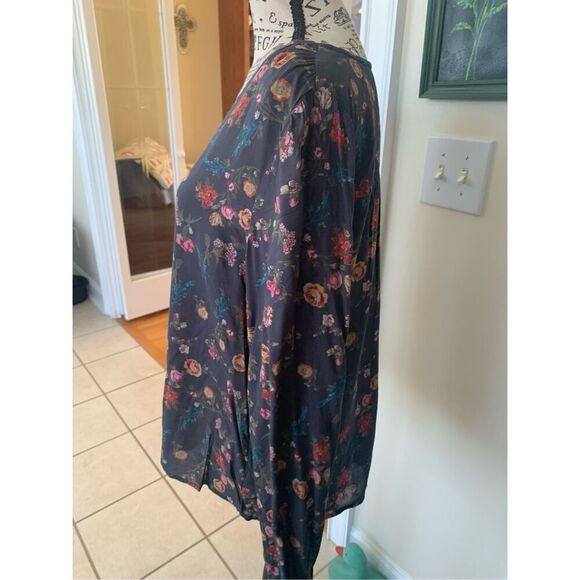 Lucky Brand Womens  Long Sleeve Button-Front Floral Boho Peasant Gray Top - Picture 7 of 9